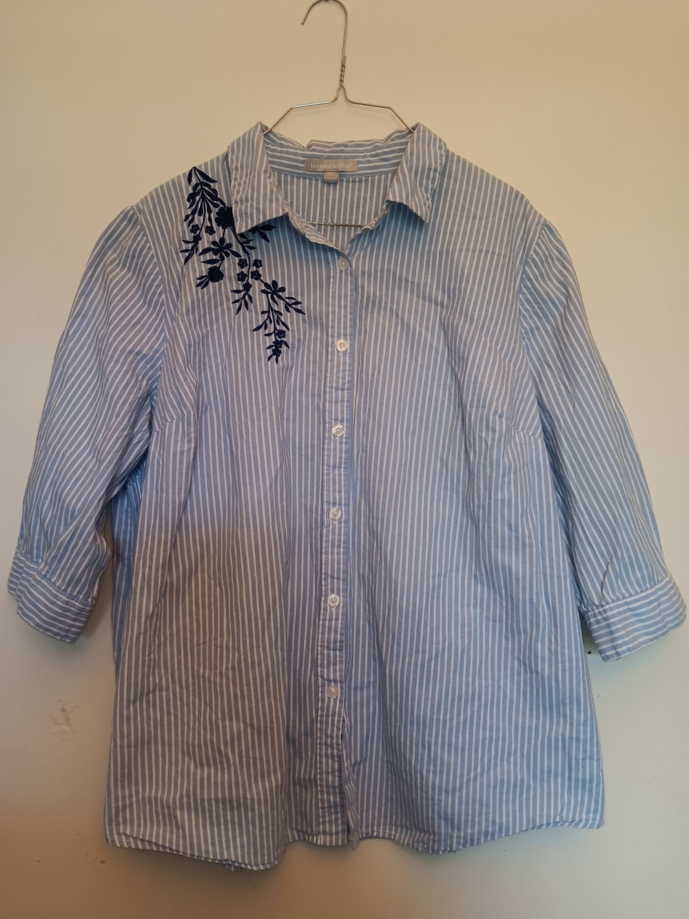 Woman Within Blue and White Striped Button-Up Shirt (Price Is Firm)